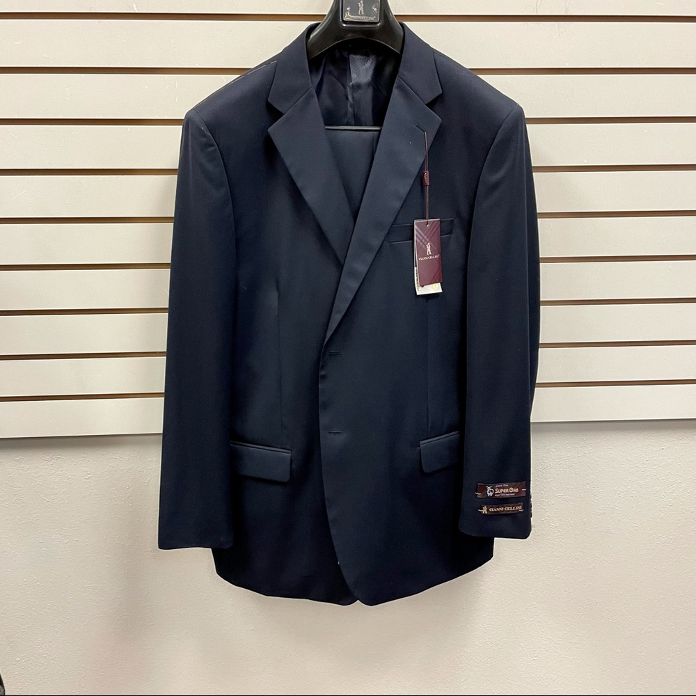 Cianni Cellini Mens Navy Blue Formal Dress Suit Jacket Pants 48L 43W New Wool